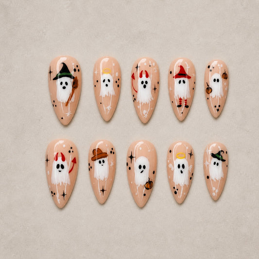 Full set of 10 almond press-on nails — Costume Party Boo Halloween nail art with ghost, spooky cute, party