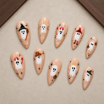 Costume Party Boo Halloween press-on nail set displayed in a walnut tray — almond shape