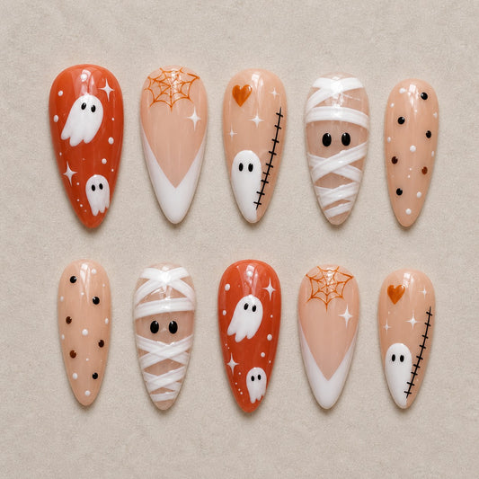 Full set of 10 almond press-on nails — Creamsicle Spirits Halloween nail art with ghost, mummy, french tip