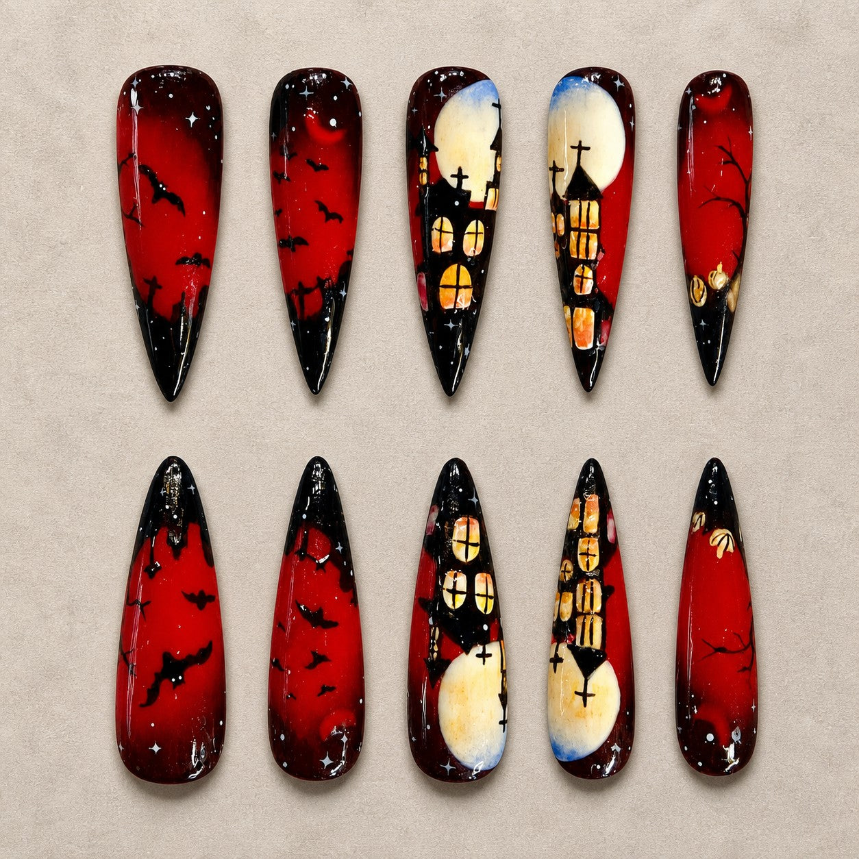 Full set of 10 stiletto press-on nails — Crimson Keep Halloween nail art with vampire, haunted house, bat