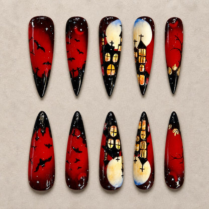 Full set of 10 stiletto press-on nails — Crimson Keep Halloween nail art with vampire, haunted house, bat