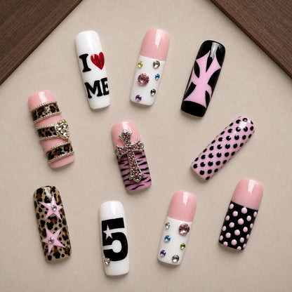 Pink Rebel Press-On Nail Set - press-on nail set arranged on a walnut tray