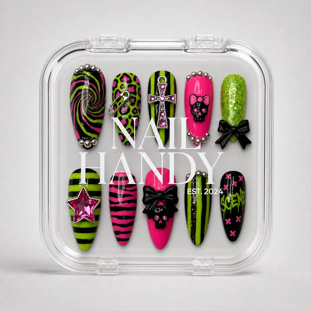 Nail Handy package box presented with the Neon Goth Pop press-on nail set.
