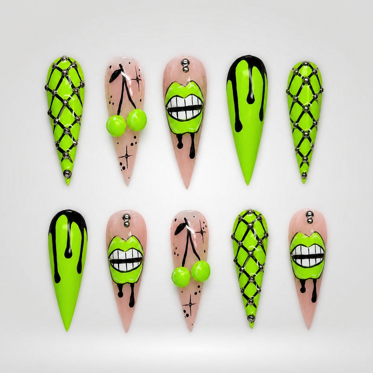 Ten coordinated neon-lime, black, and nude graphic press-on nails arranged on a greige catalog background.