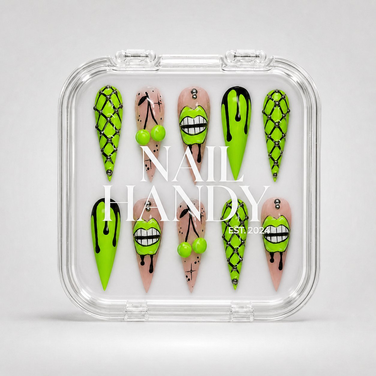 Nail Handy package box presented with the Neon Drip Chaos press-on nail set.