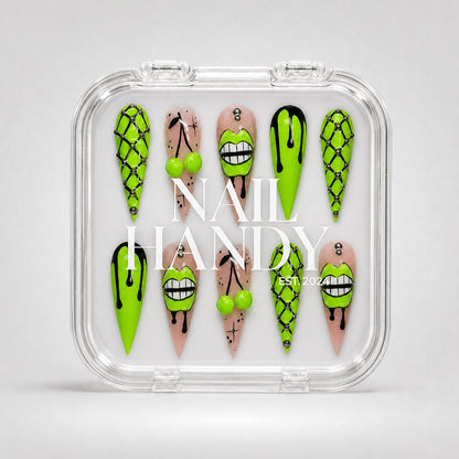 Nail Handy package box presented with the Neon Drip Chaos press-on nail set.