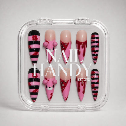 Nail Handy package box for the Cherry Stripe Mischief press-on nail set.