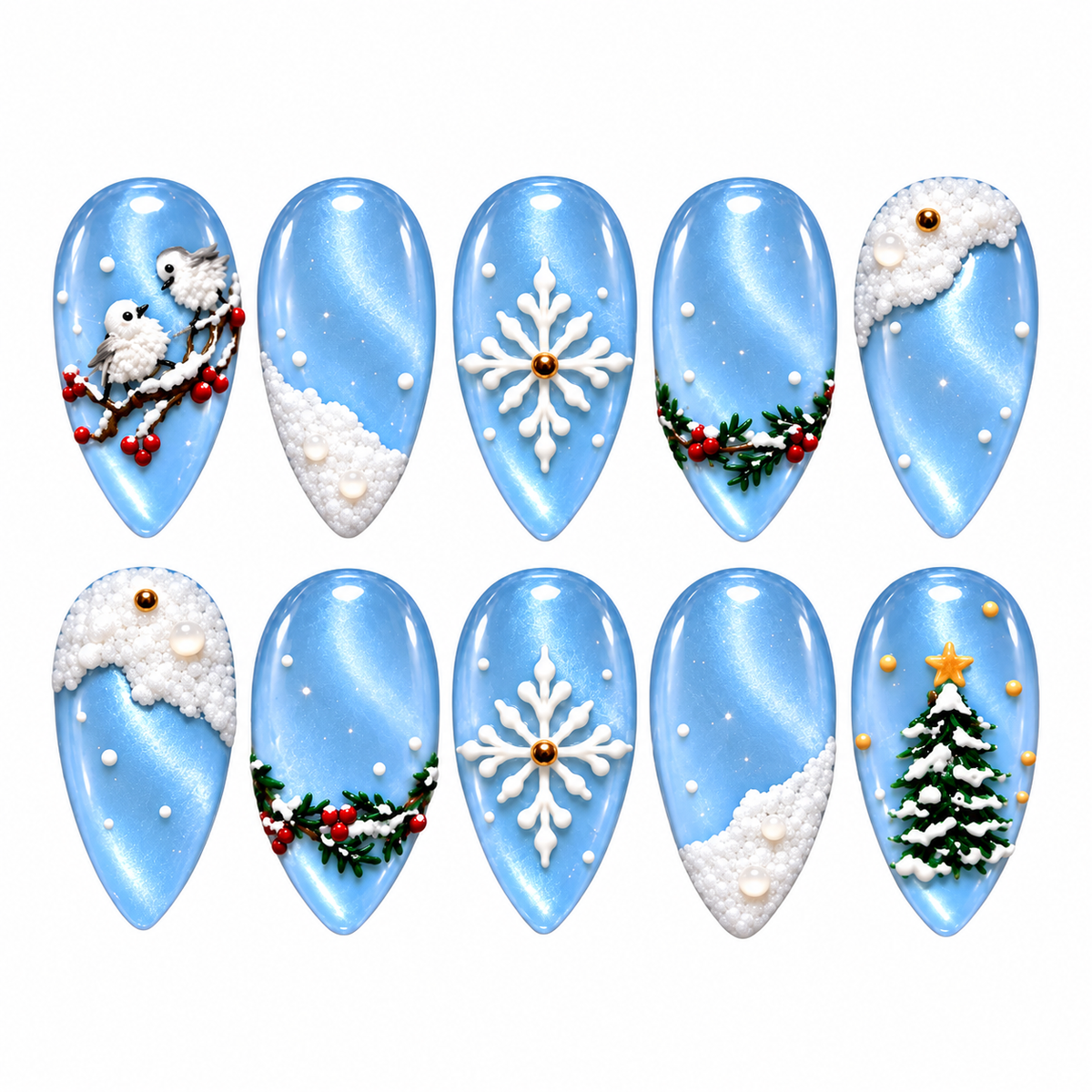 Snowbird Blue Press-On Nails – Winter Holiday Design
