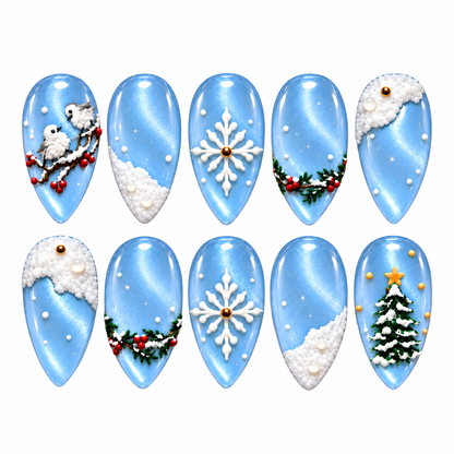 Snowbird Blue Press-On Nails – Winter Holiday Design