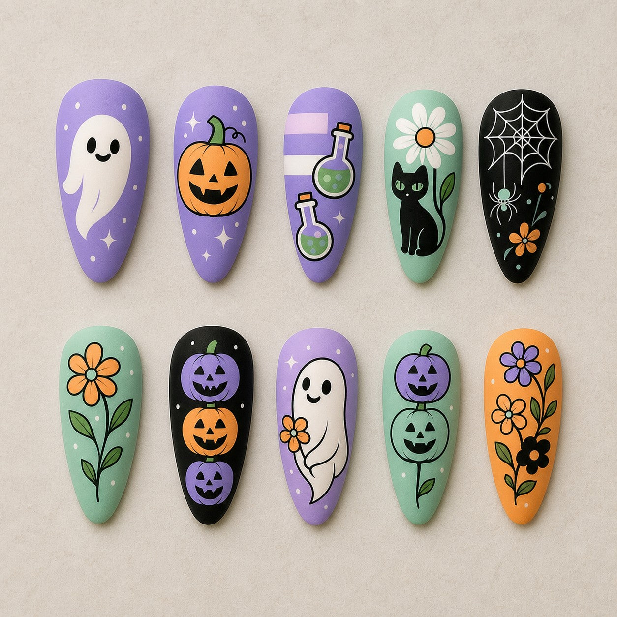 Full set of 10 almond press-on nails — Daisy Boo Pastel Halloween nail art with pumpkin, ghost, pastel