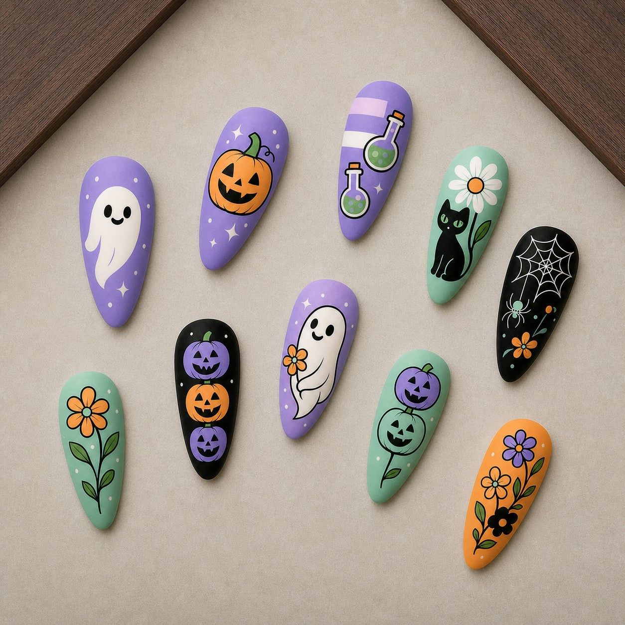 Daisy Boo Pastel Halloween press-on nail set displayed in a walnut tray — almond shape