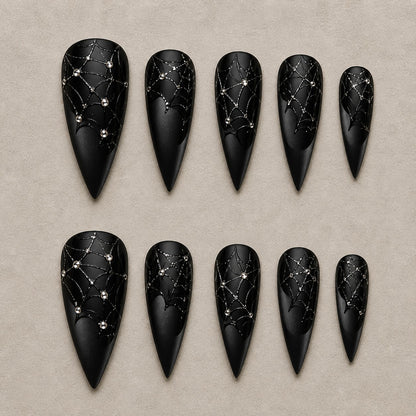 Full set of 10 stiletto press-on nails — Diamond Web Noir Halloween nail art with spider web, matte black, rhinestone