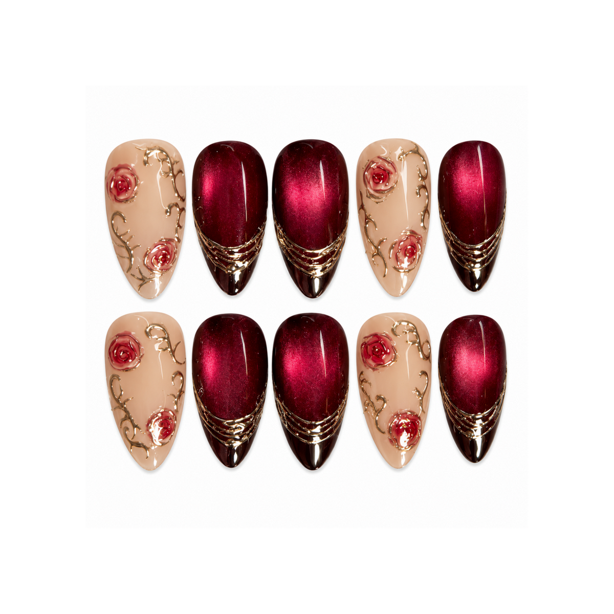 Crimson Rose Noir Press-On Nails with Gilded Filigree