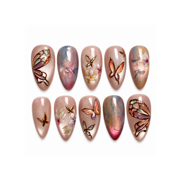 Iridescent Butterfly Garden Press-On Nails with Chrome Accents