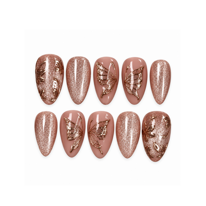 Rosewood Butterfly Gleam Press-On Nails with Metallic Botanical Accents