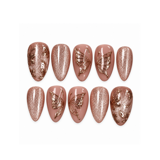 Rosewood Butterfly Gleam Press-On Nails with Metallic Botanical Accents