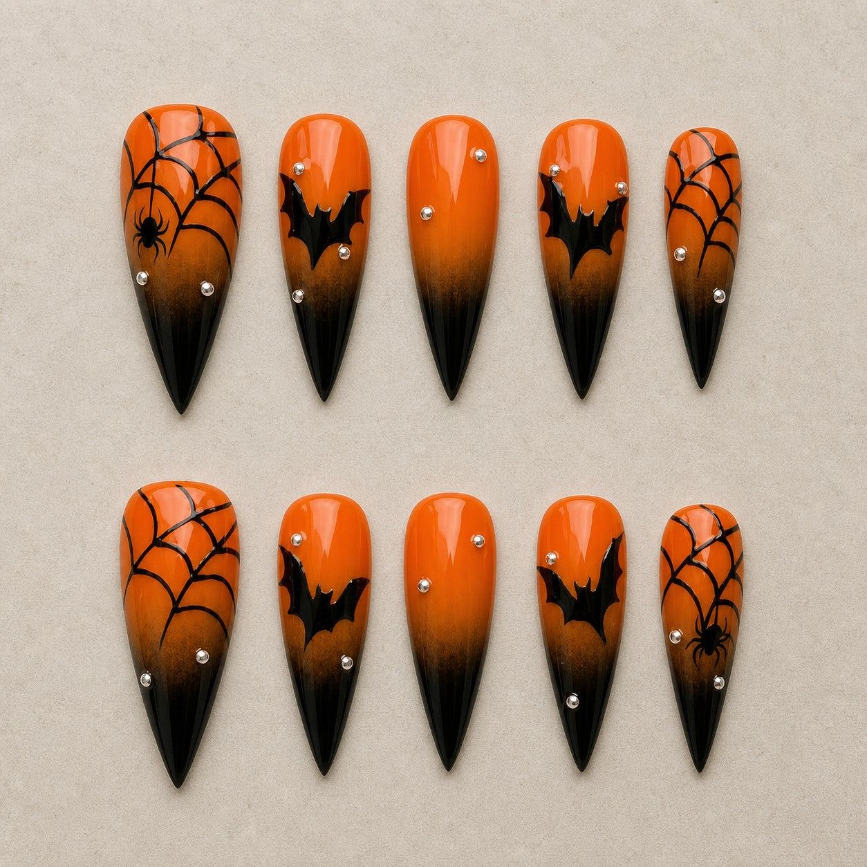 Full set of 10 stiletto press-on nails — Ember Web Halloween nail art with ombre, bat, spider web