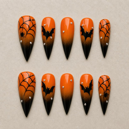 Full set of 10 stiletto press-on nails — Ember Web Halloween nail art with ombre, bat, spider web