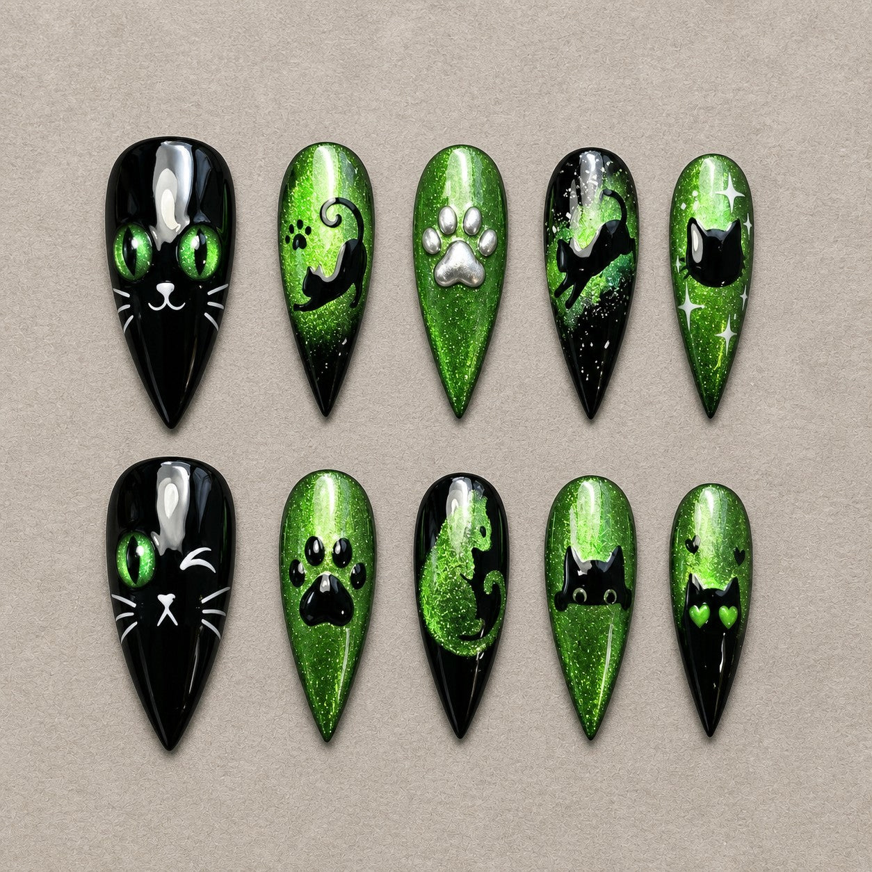 Full set of 10 stiletto press-on nails — Emerald Familiar Halloween nail art with black cat, green, glitter