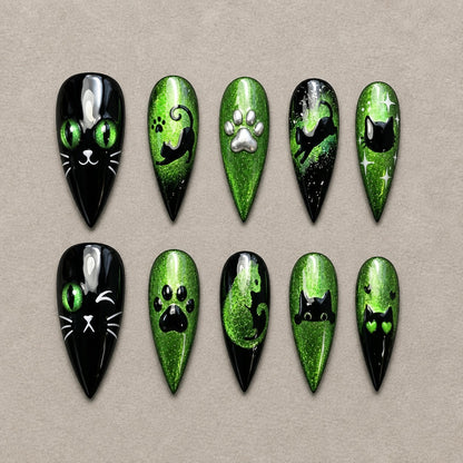 Full set of 10 stiletto press-on nails — Emerald Familiar Halloween nail art with black cat, green, glitter