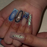Mystic Blue Evil Eye press-on nails — 3D evil eye charm with deep blue and nude gradient