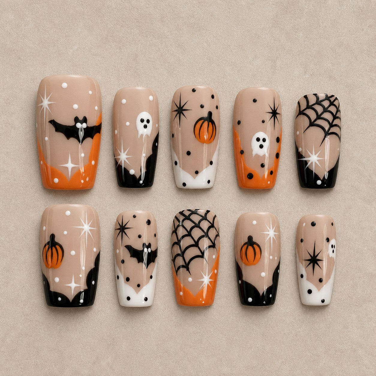 Full set of 10 square press-on nails — French Phantom Halloween nail art with french tip, bat, ghost