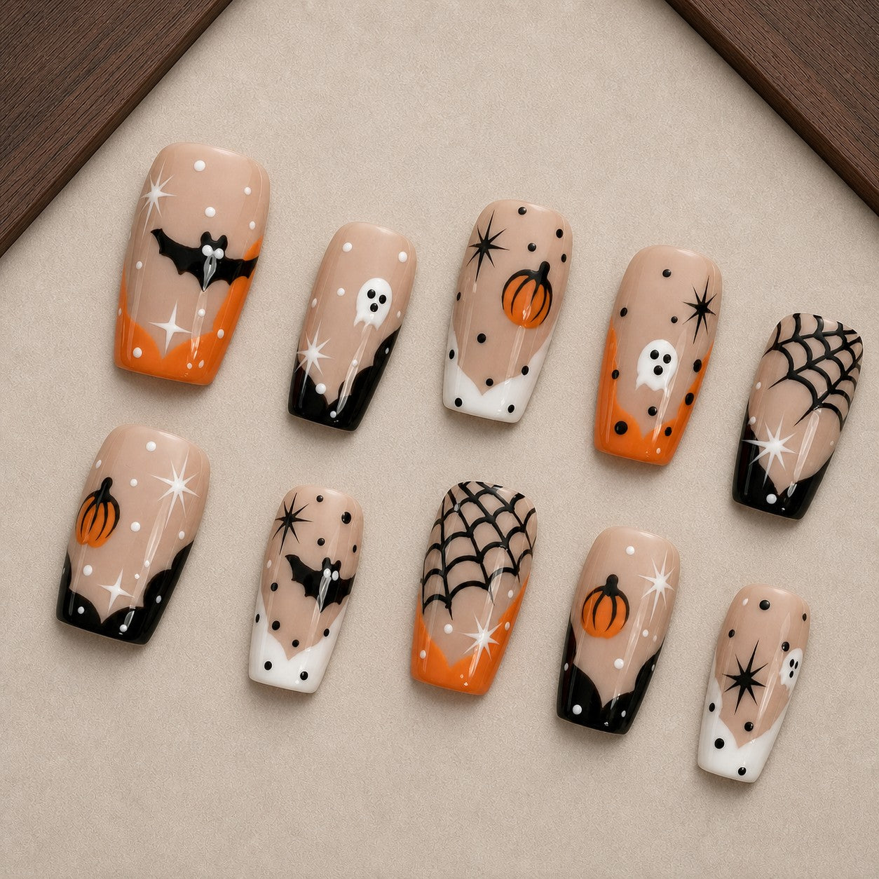 French Phantom Halloween press-on nail set displayed in a walnut tray — square shape