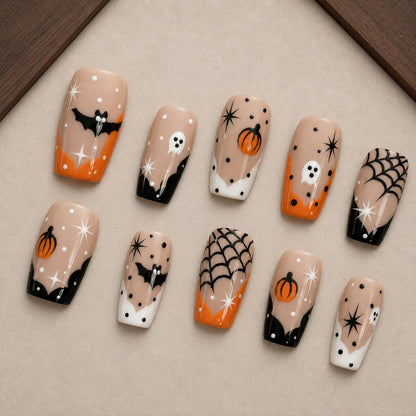 French Phantom Halloween press-on nail set displayed in a walnut tray — square shape