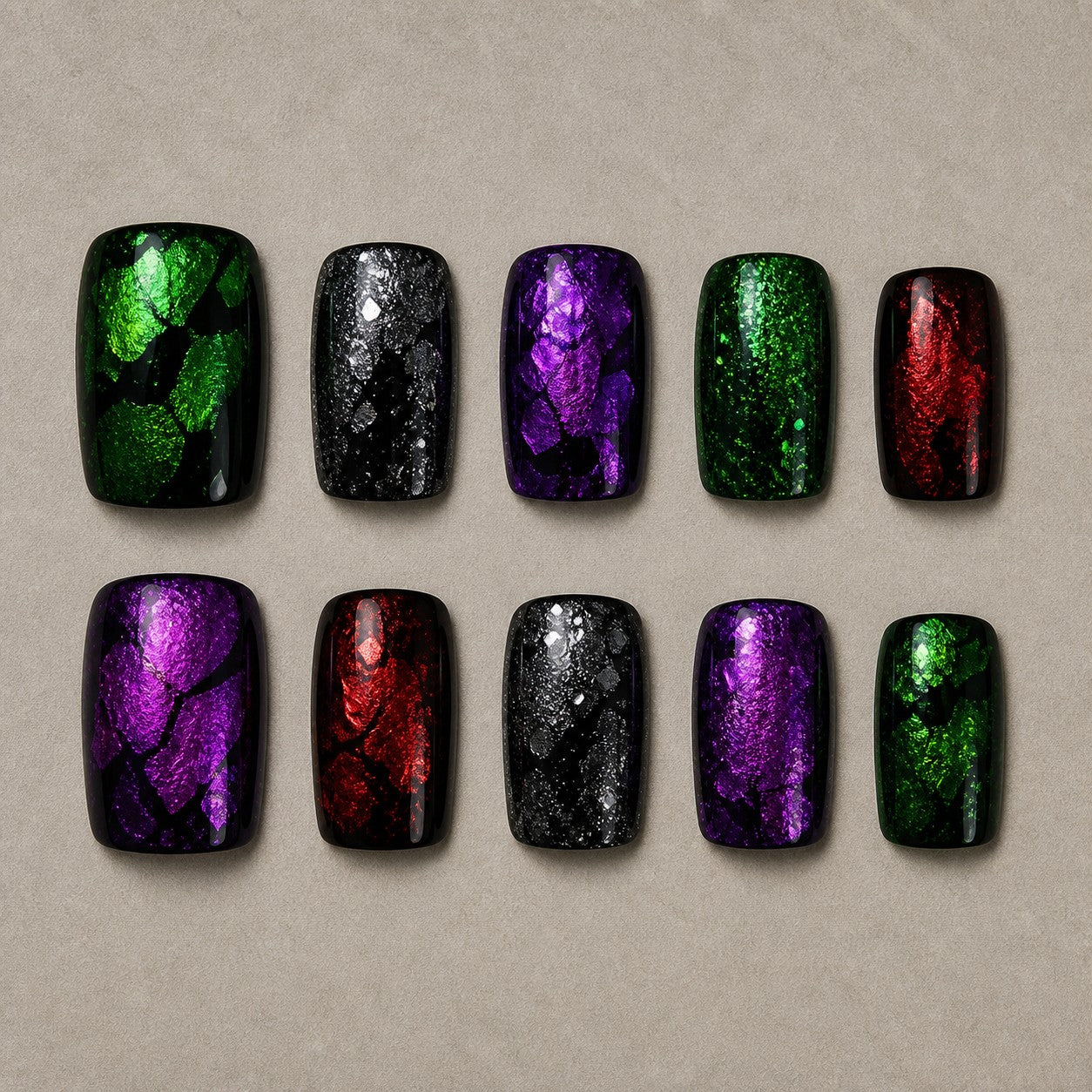 Full set of 10 square press-on nails — Gemstone Wing Halloween nail art with jewel, foil, bat