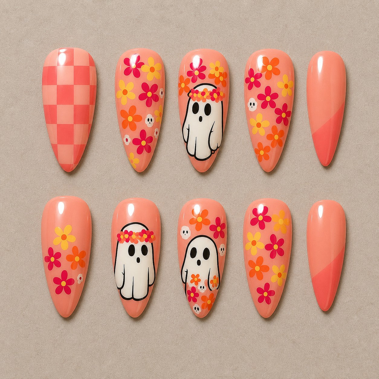 Full set of 10 almond press-on nails — Groovy Ghost Garden Halloween nail art with retro, floral, ghost