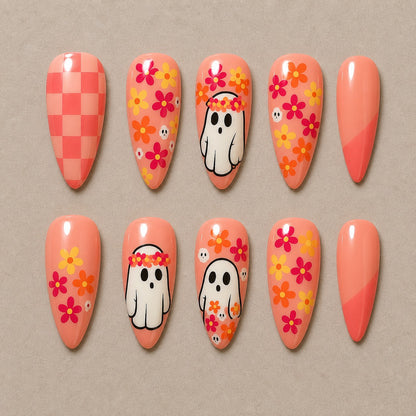 Full set of 10 almond press-on nails — Groovy Ghost Garden Halloween nail art with retro, floral, ghost