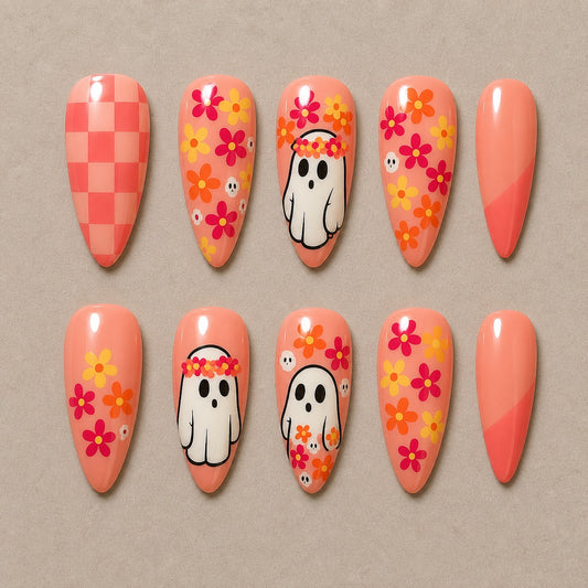 Full set of 10 almond press-on nails — Groovy Ghost Garden Halloween nail art with retro, floral, ghost