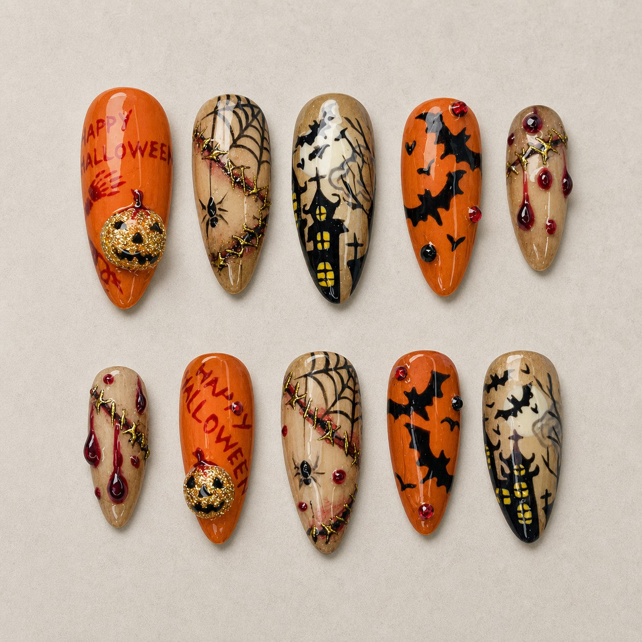 Full set of 10 almond press-on nails — Happy Haunt Halloween nail art with pumpkin, bat, haunted house