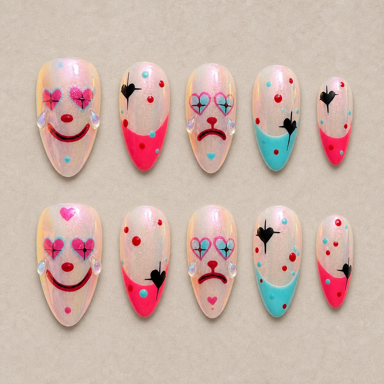 Full set of 10 almond press-on nails — Harlequin Heart Halloween nail art with clown, heart, iridescent