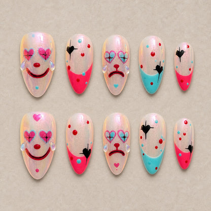 Full set of 10 almond press-on nails — Harlequin Heart Halloween nail art with clown, heart, iridescent
