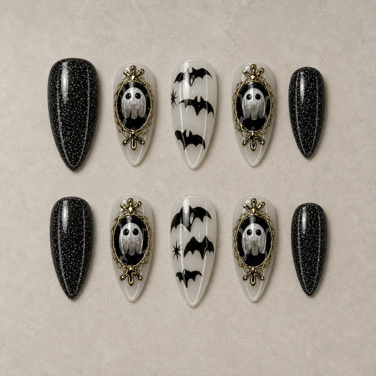 Full set of 10 almond press-on nails — Haunted Cameo Halloween nail art with gothic, cameo, bat