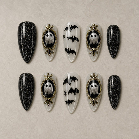 Full set of 10 almond press-on nails — Haunted Cameo Halloween nail art with gothic, cameo, bat
