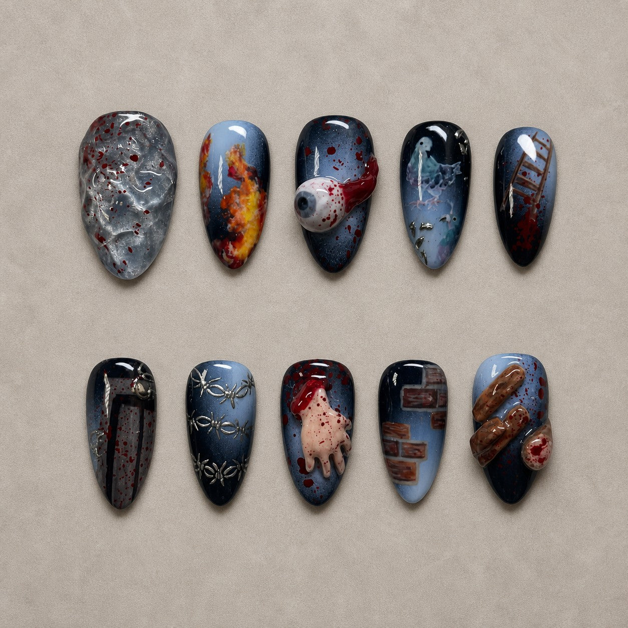 Full set of 10 almond press-on nails — Horror Reel Halloween nail art with horror, skull, gore