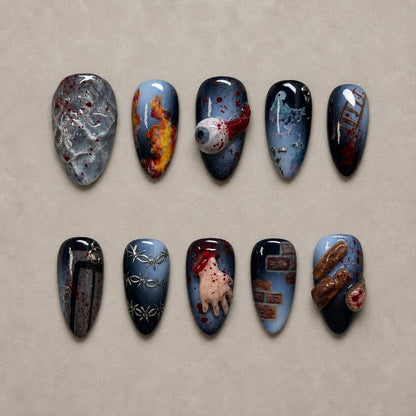 Full set of 10 almond press-on nails — Horror Reel Halloween nail art with horror, skull, gore