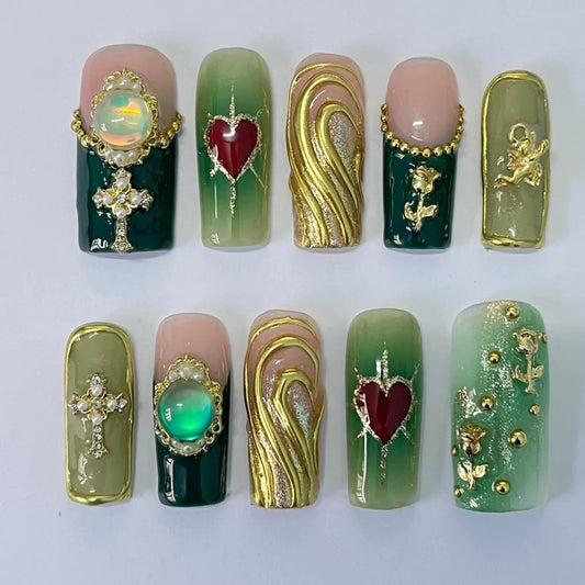 Emerald Reverie Nailbox – Heart Gemstone & Baroque Press-On Nails