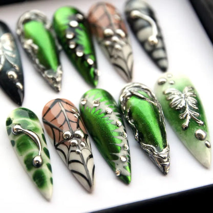 Green & Silver Leaf Press-On Nails | Nature-Inspired Floral Design