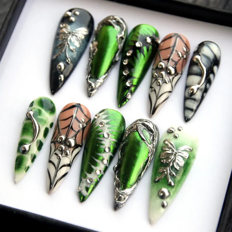 Green & Silver Leaf Press-On Nails | Nature-Inspired Floral Design