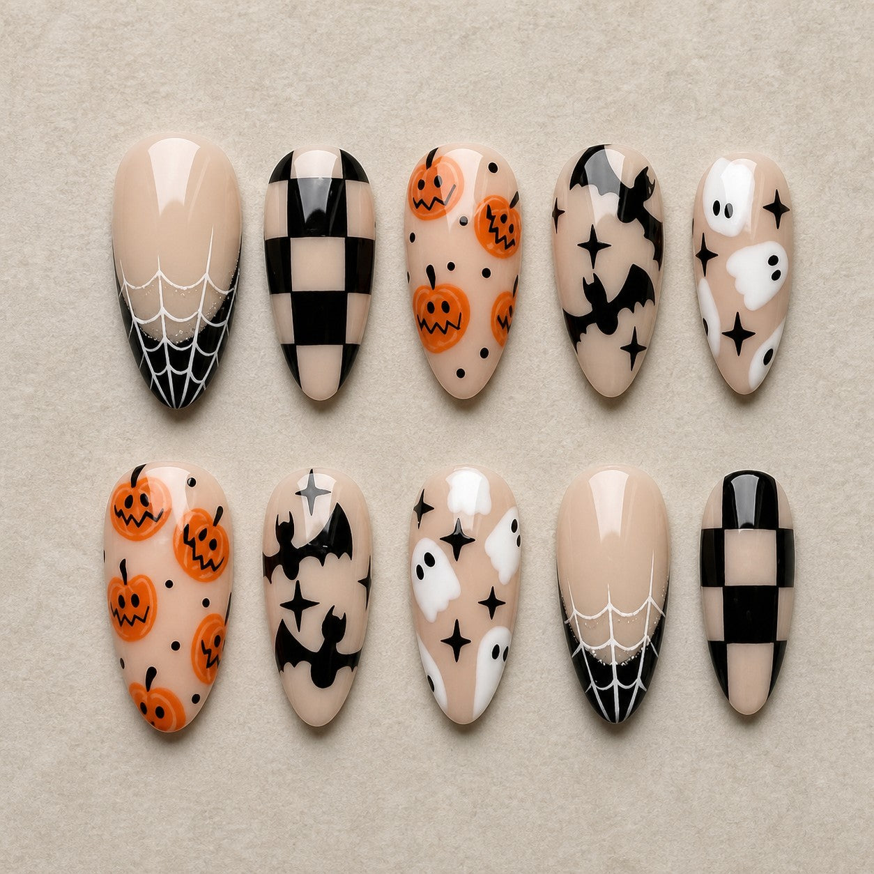 Full set of 10 almond press-on nails — Latte Boo Halloween nail art with neutral, pumpkin, ghost