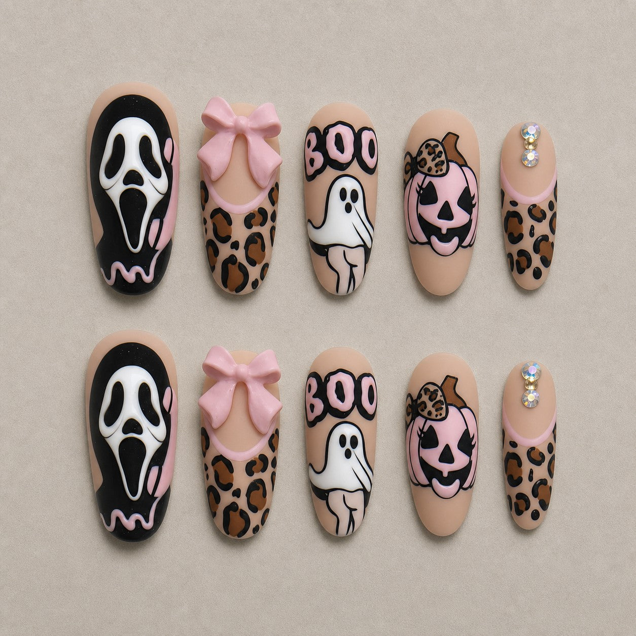 Full set of 10 almond press-on nails — Leopard Scream Halloween nail art with horror, leopard, bow