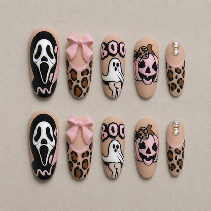 Full set of 10 almond press-on nails — Leopard Scream Halloween nail art with horror, leopard, bow