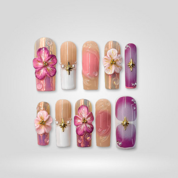 Sakura Shine press-on nails with pink and white gradient, hand-painted 3D flowers