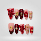 Crimson Reverence 3D press-on nails with gold cross embellishments