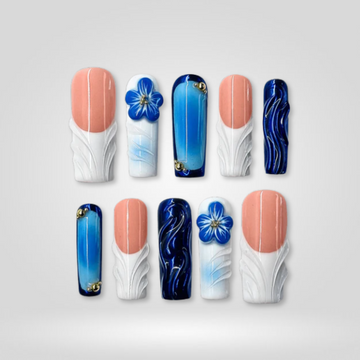 Ocean Bloom 3D floral press-on nails with turquoise and pink design