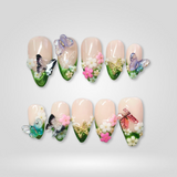 Butterfly Garden 3D flower and butterfly press-on nails on almond