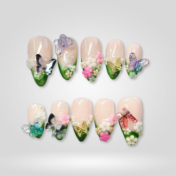 Butterfly Garden 3D flower and butterfly press-on nails on almond